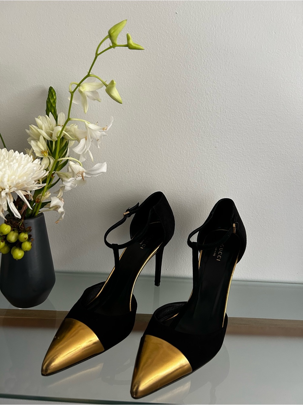 Gucci Black Suede Pointed Toe Stiletto Pumps with Metallic Gold Cap